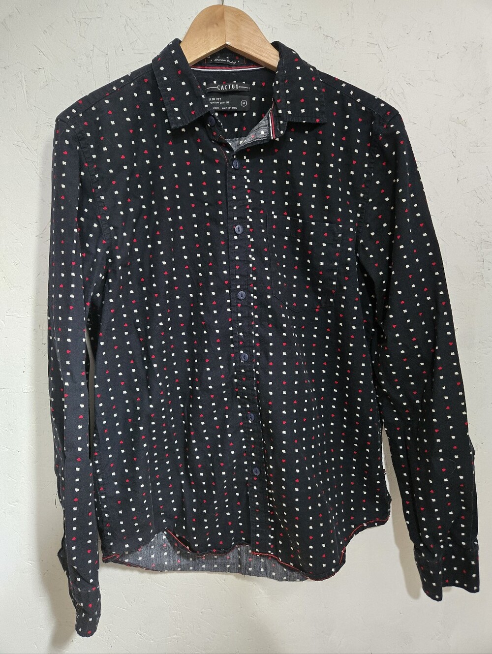 Cactus Slim Fit Black Button-Down Shirt with Red & White Dot Grid